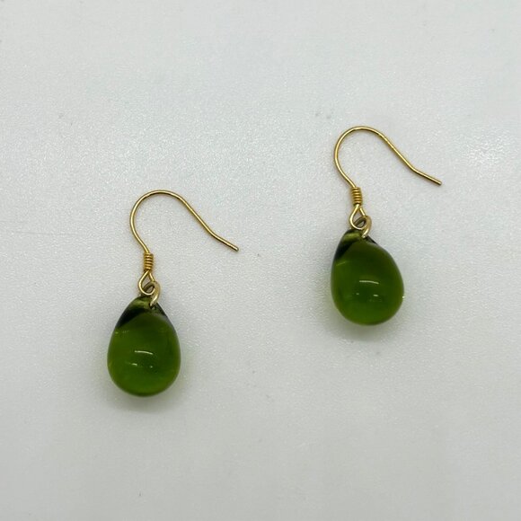 Handmade Green Teardrop Glass Earrings With Sterling Silver Wire Hooks For Women - Picture 1 of 15